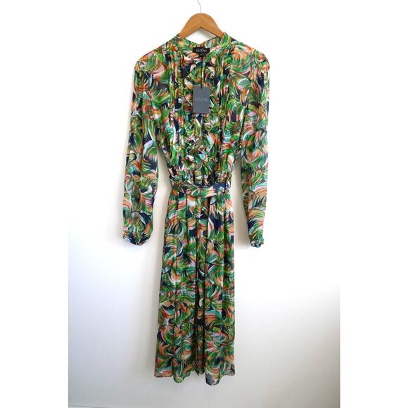 SALONI Raquel Silk Chiffon Belted Midi Dress Jade Palmier Saks 8 NWT $815 - Picture 3 of 15